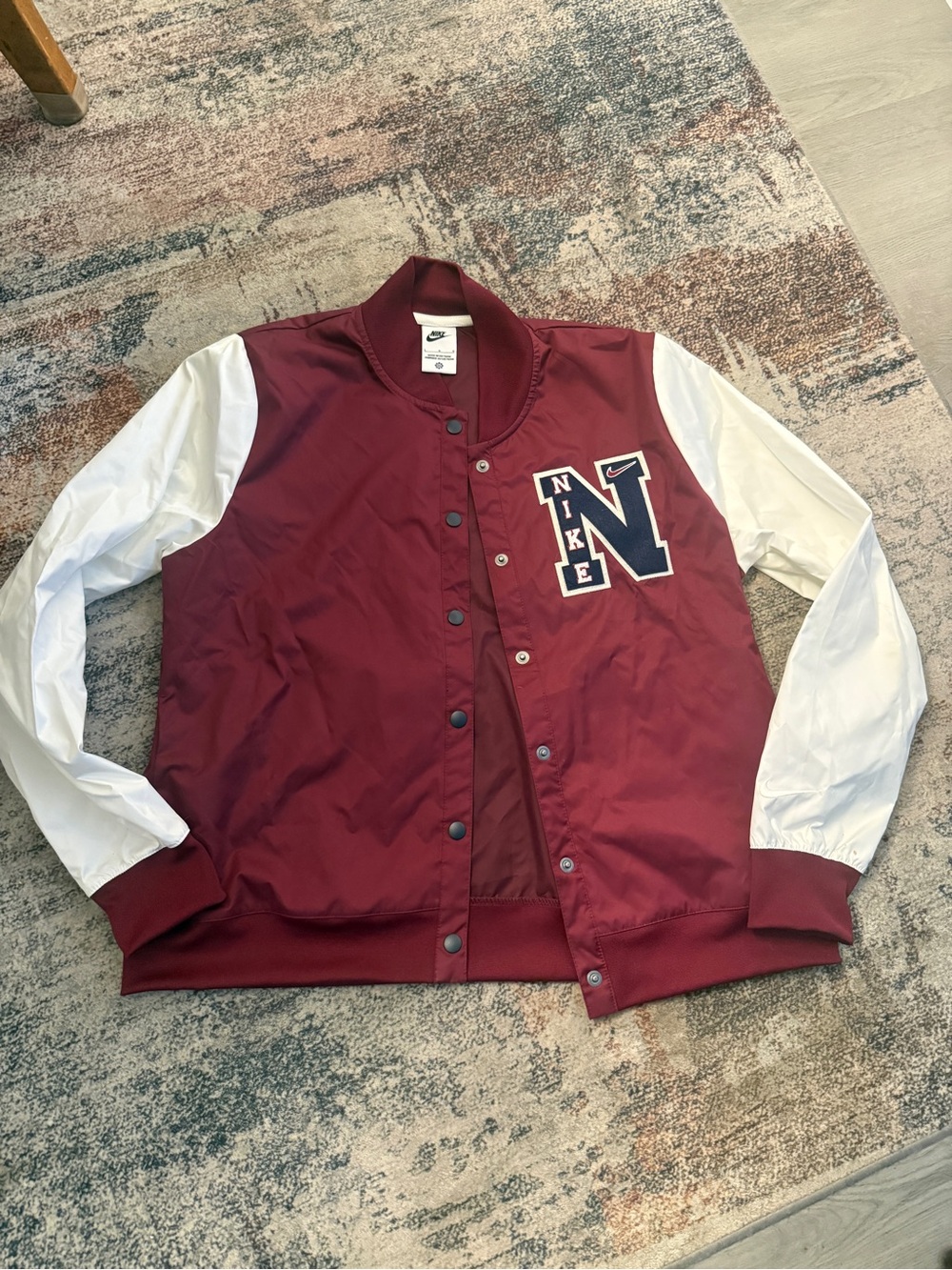 Nike Maroon and White Letterman Bomber Jacket